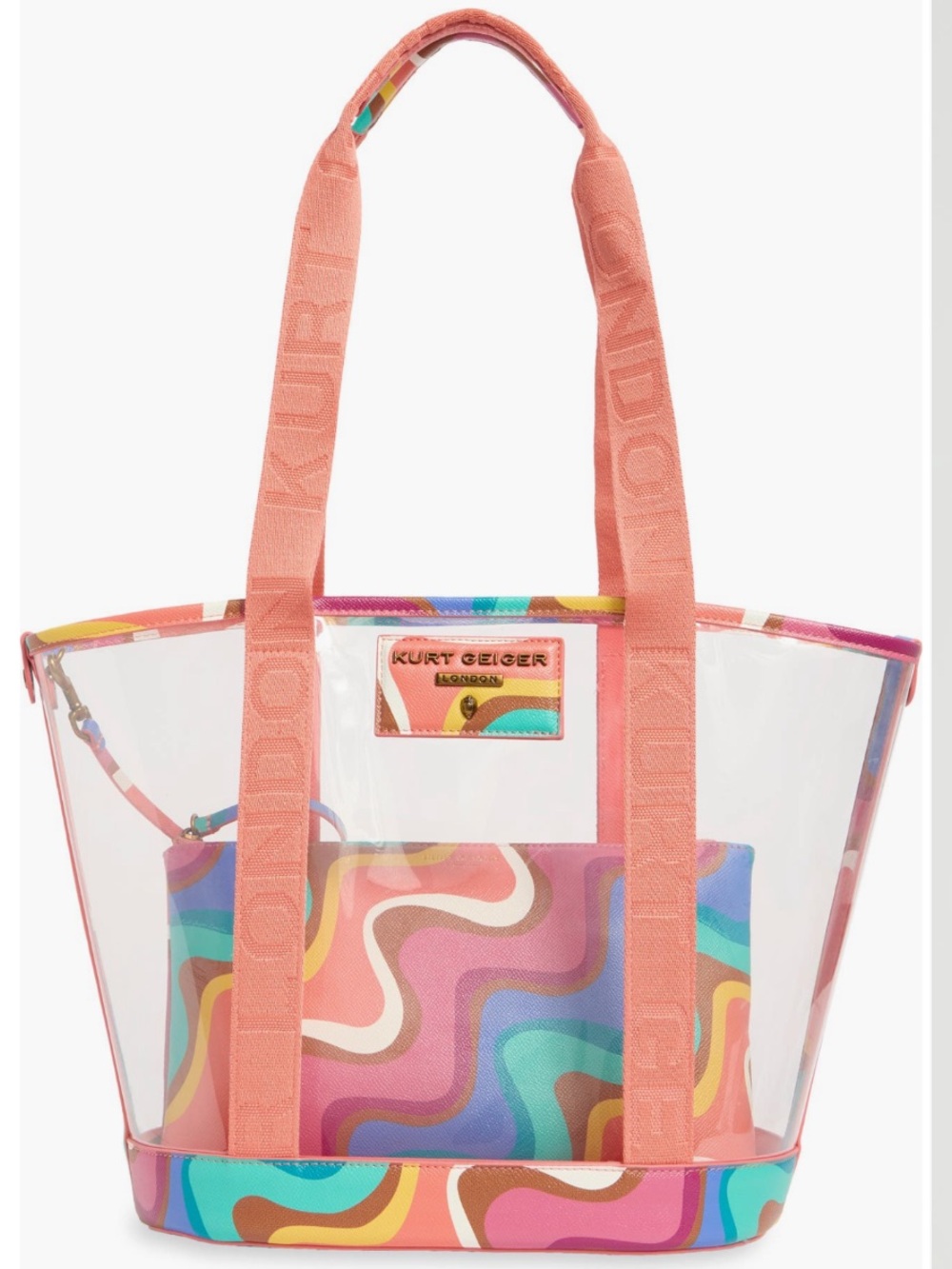 Kurt Geiger Clear Tote with Coral Trim and Multicolor Swirl Insert